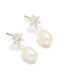 Silver Plated Pearl Cubic Zirconia Flower Drop Earrings - link has visual effect only
