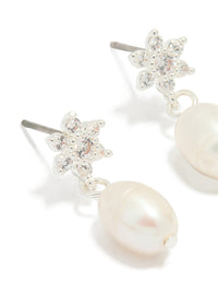 Silver Plated Pearl Cubic Zirconia Flower Drop Earrings - link has visual effect only