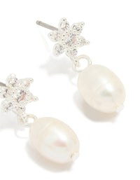 Silver Plated Pearl Cubic Zirconia Flower Drop Earrings - link has visual effect only