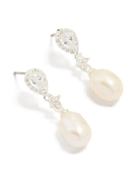 Silver Plated Cubic Zirconia Halo Pearl Drop Earrings - link has visual effect only