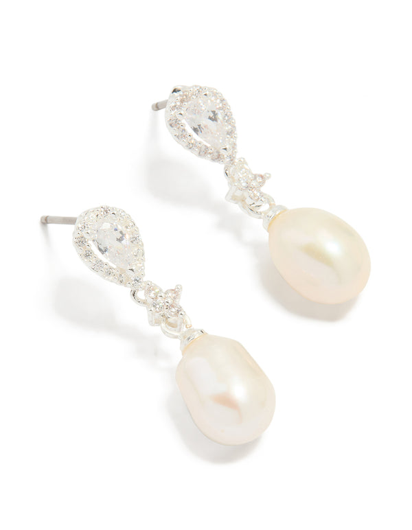 Silver Plated Cubic Zirconia Halo Pearl Drop Earrings