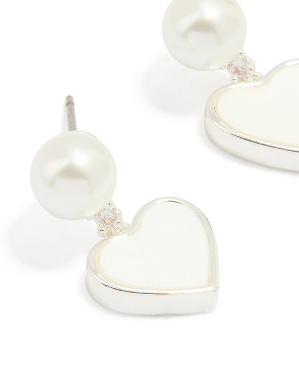 Silver Plated Pearl Catseye Heart Drop Earrings