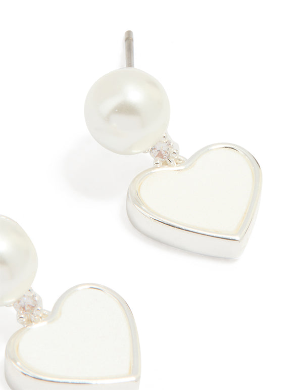Silver Plated Pearl Catseye Heart Drop Earrings