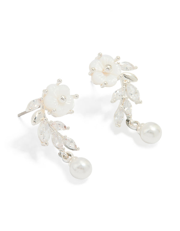 Silver Plated Pearl & Flower Drop Earrings