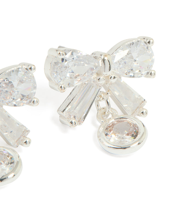 Silver Plated Cubic Zirconia Bow & Round Drop Earrings
