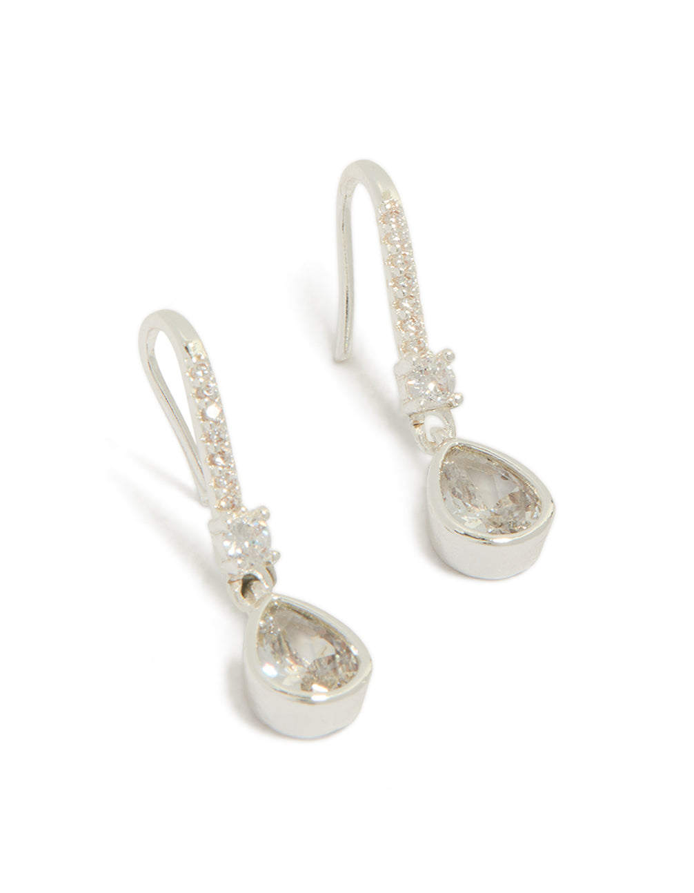 Elegant silver plated diamanté pavé hook drop earrings featuring pear cut stones in clear front view