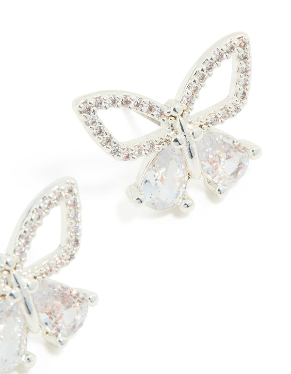 Silver Plated Cubic Zirconia Butterfly Stud Earrings