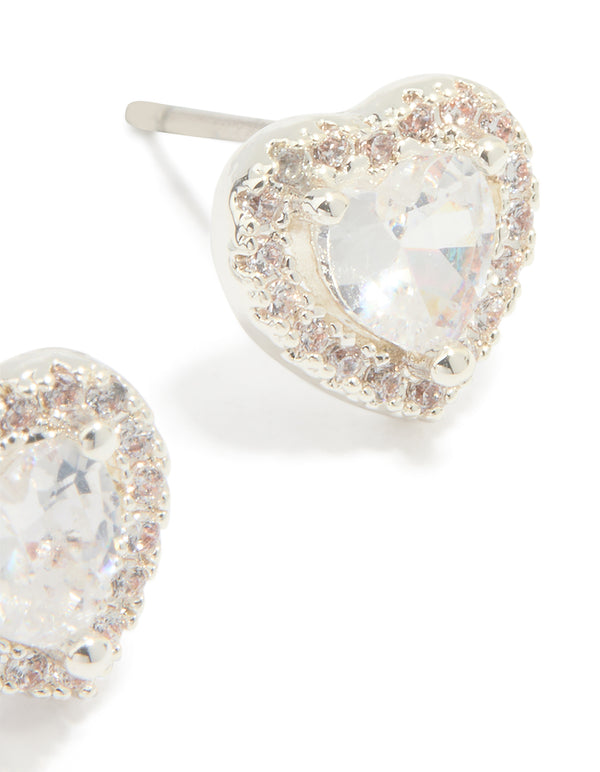 Silver Plated Cubic Zirconia Halo Heart Stud Earrings