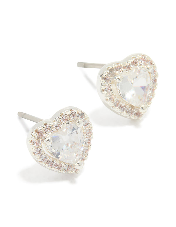 Silver Plated Cubic Zirconia Halo Heart Stud Earrings