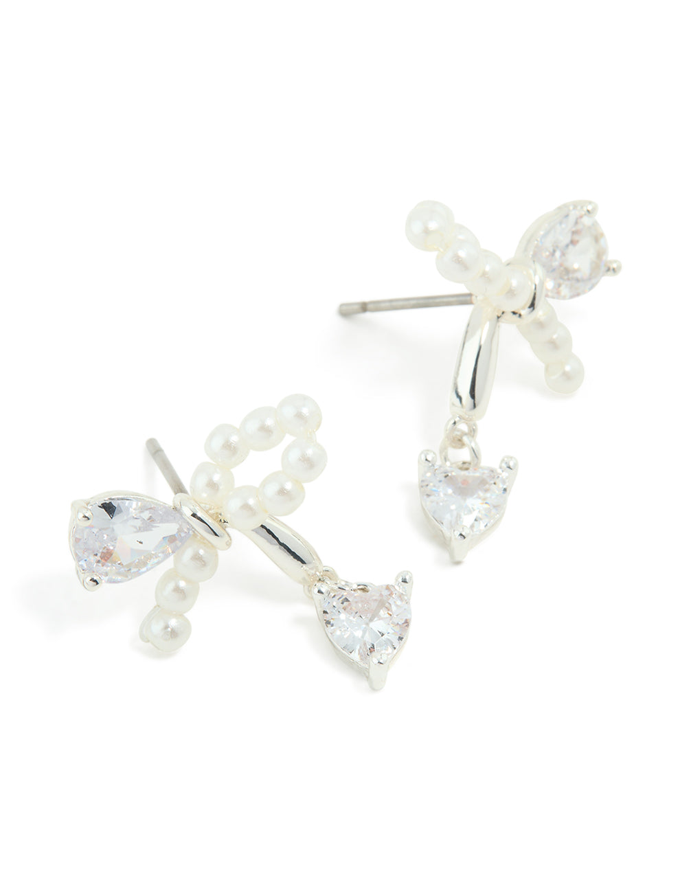 Silver Plated Cubic Zirconia & Pearl Bow Stud Earrings
