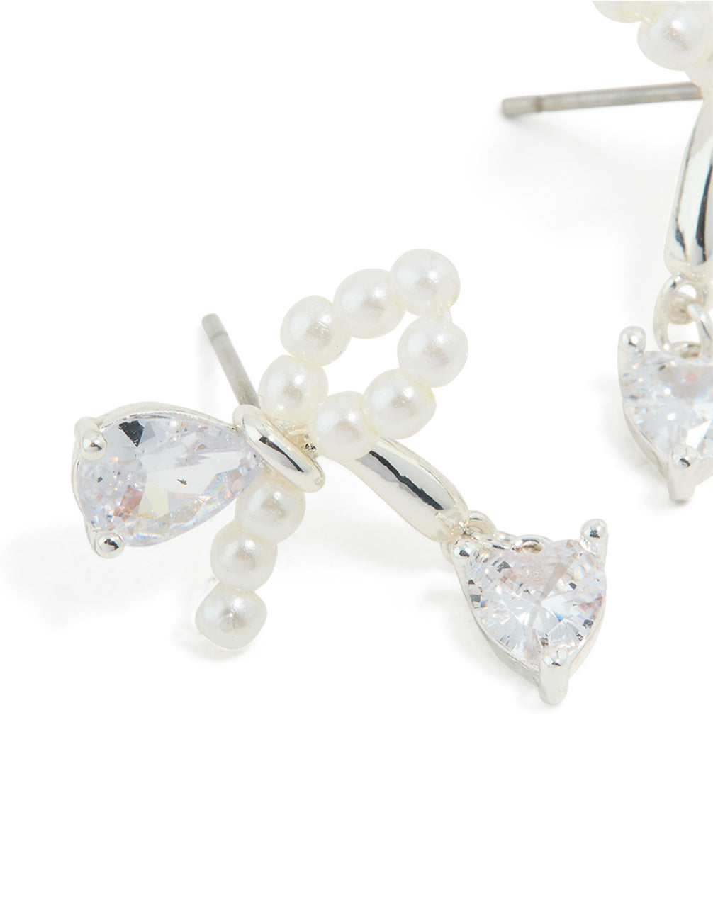 Silver Plated Cubic Zirconia & Pearl Bow Stud Earrings