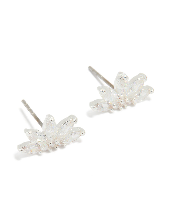 Silver Plated Cubic Zirconia Marquise Fan Stud Earrings
