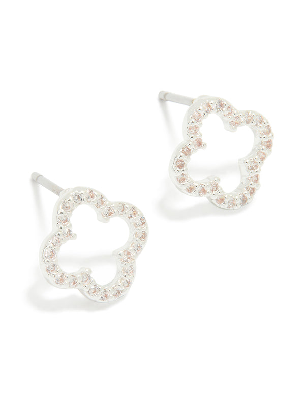 Silver Plated Cubic Zirconia Flower Outline Stud Earrings