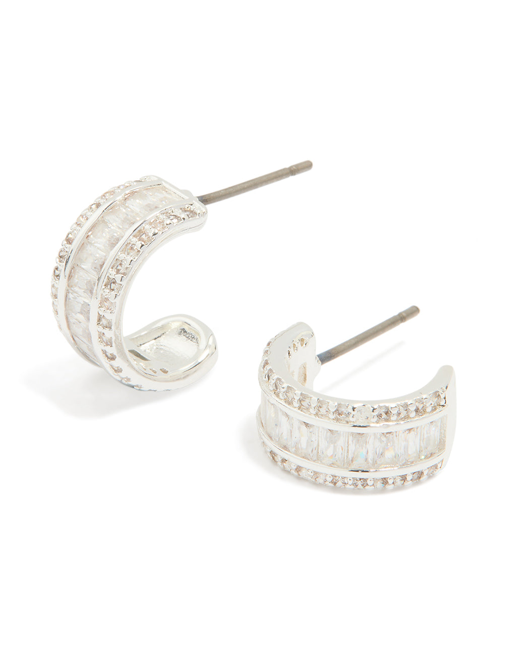 Silver Plated Cubic Zirconia Baguette Small Hoop Earrings