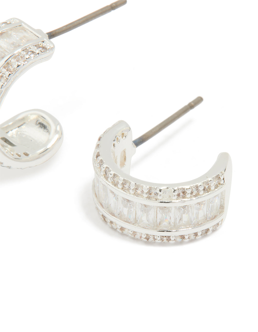 Silver Plated Cubic Zirconia Baguette Small Hoop Earrings