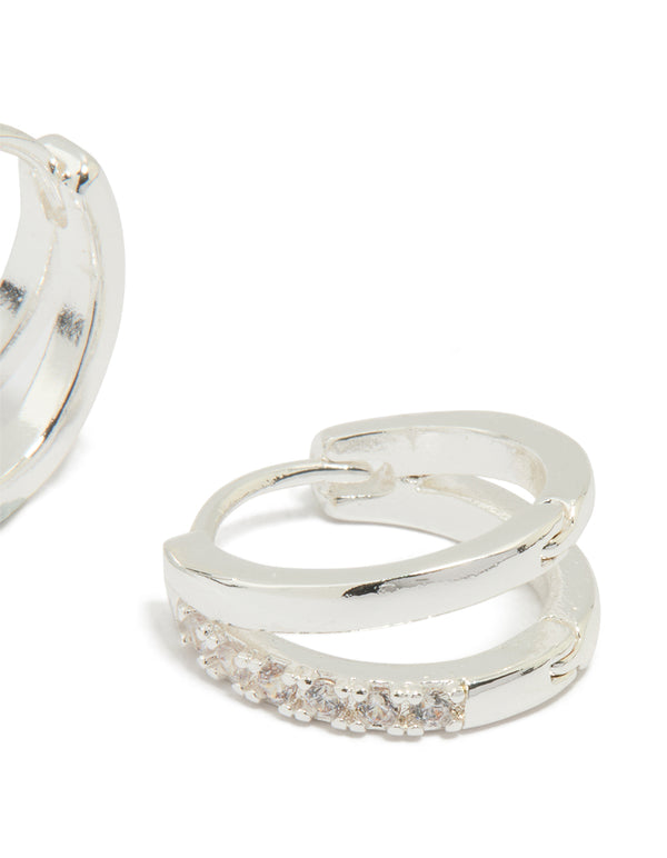 Silver Plated Cubic Zirconia Double Layered Hoop Earrings