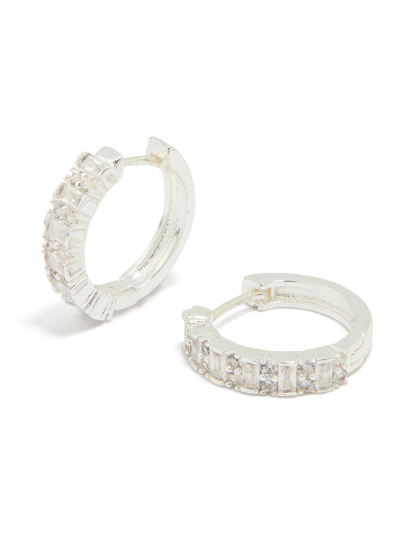 Silver Plated Diamante Baguette Pave Hoop Earrings