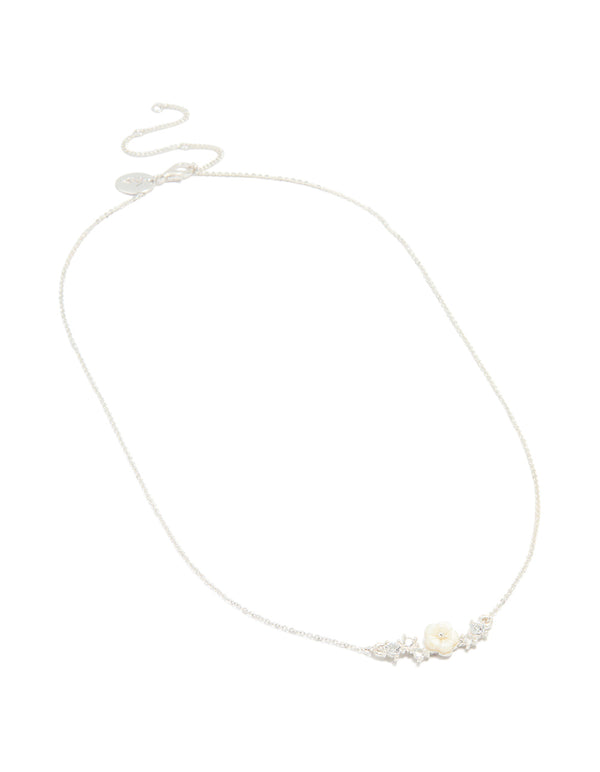 Silver Plated Cubic Zirconia Flower Pendant Necklace