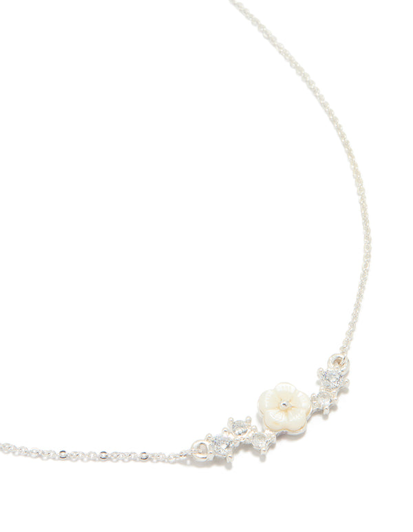 Silver Plated Cubic Zirconia Flower Pendant Necklace