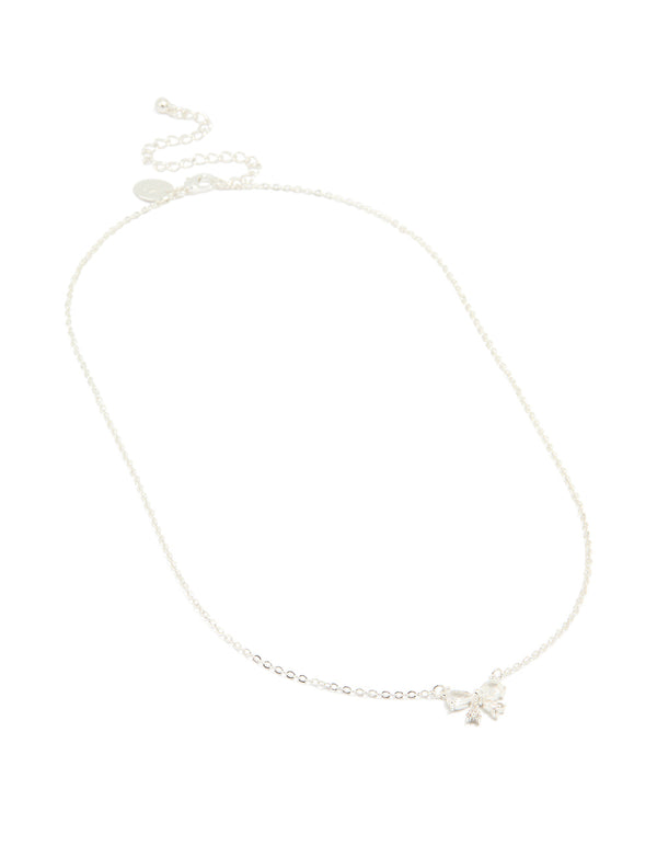 Silver Plated Cubic Zirconia Small Bow Pendant Necklace