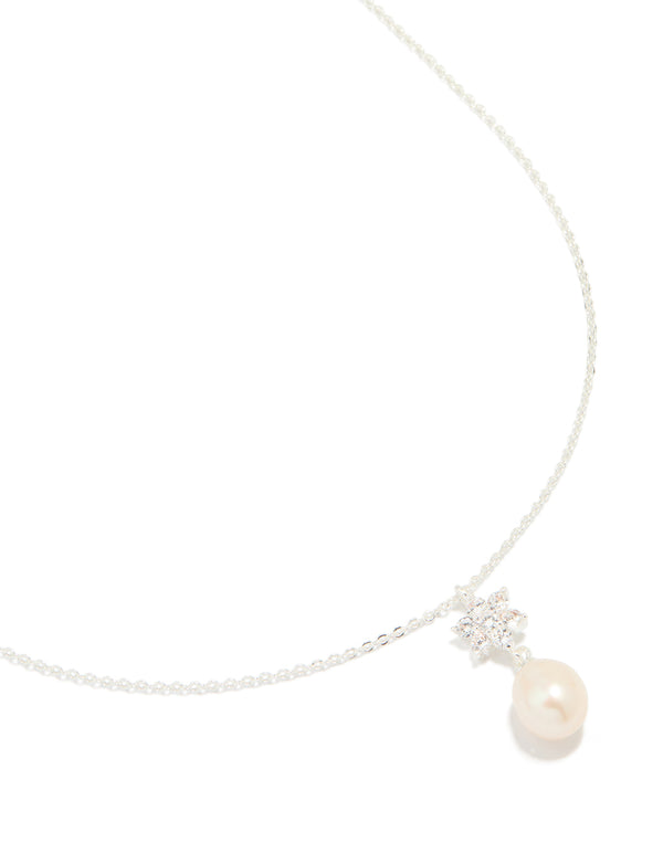 Silver Plated Cubic Zirconia Flower Pearl Drop Necklace