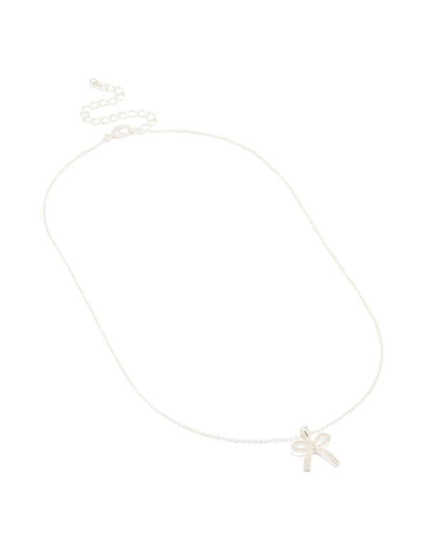 Silver Plated Cubic Zirconia Pave Chunky Bow Necklace