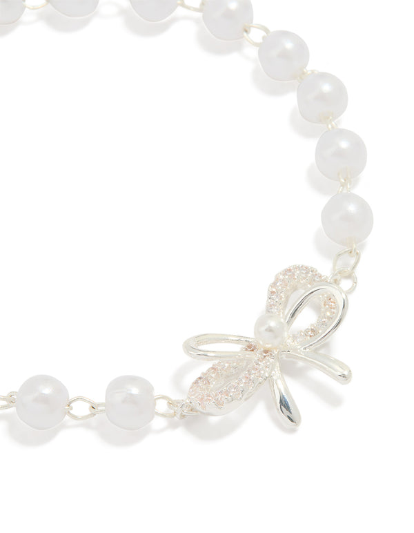 Silver Plated Pearl Double Bow Bracelet