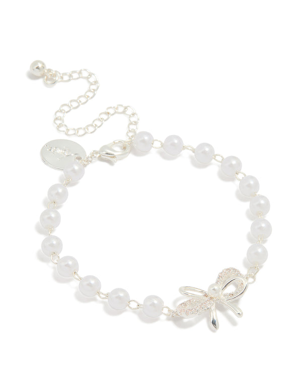 Silver Plated Pearl Double Bow Bracelet