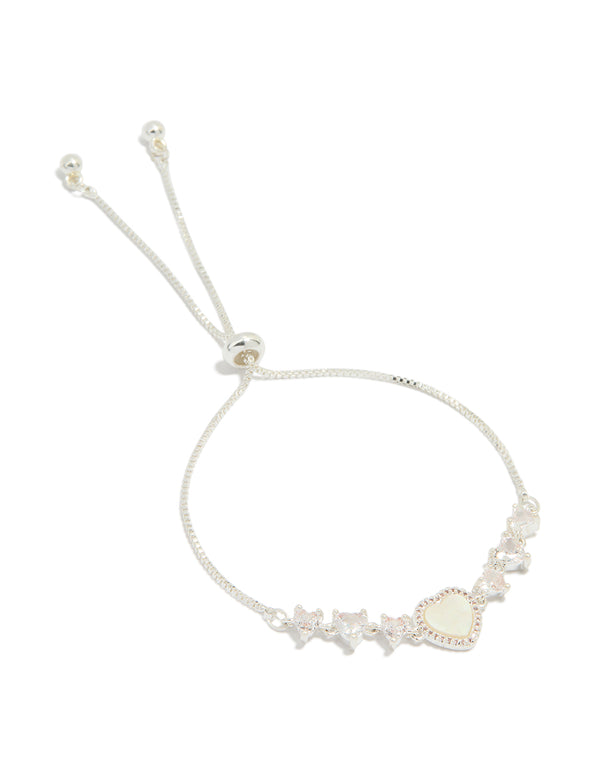 Silver Plated Mother Of Pearl & Cubic Zirconia Mini Heart Toggle Bracelet