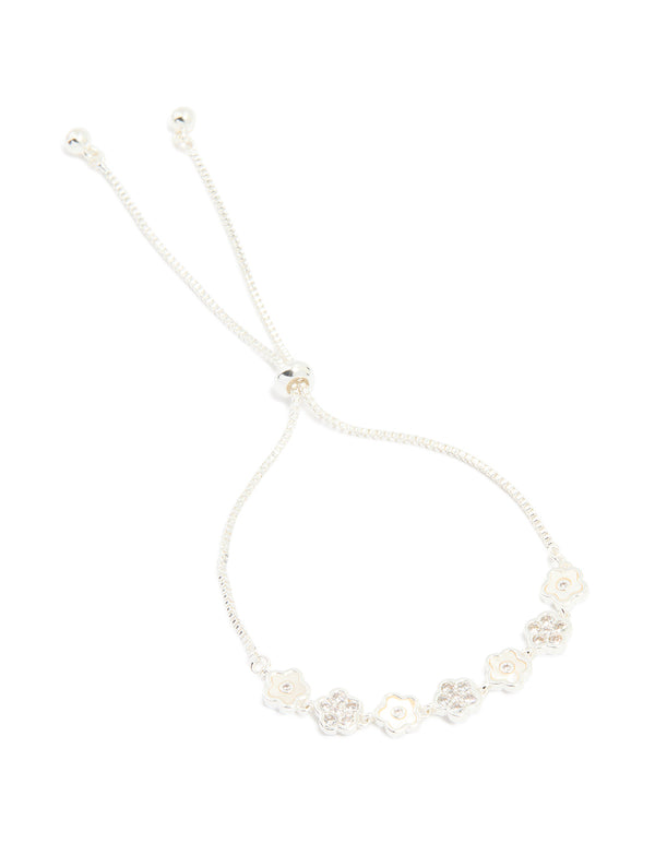 Silver Plated Cubic Zirconia Mini Flower Toggle Bracelet