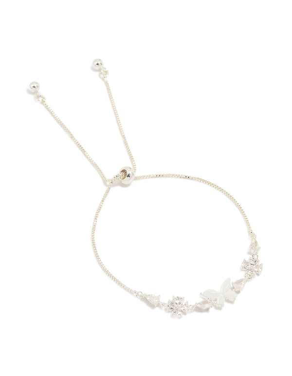 Silver Plated Cubic Zirconia Butterfly & Flower Toggle Bracelet