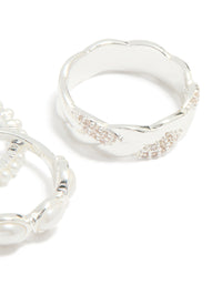 Silver Plated Diamante & Pearl Twisted Molten Rings 4-Pack - link has visual effect only