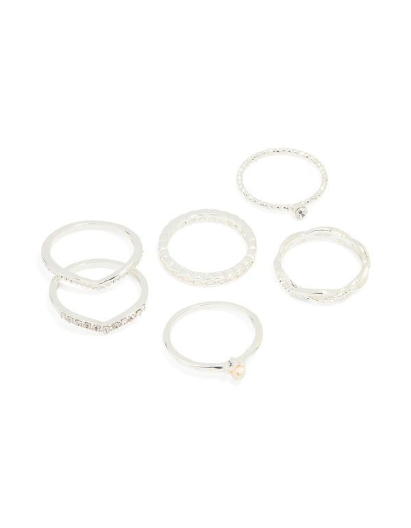Silver Plated Diamante Twist & Dip Rings 6-Pack