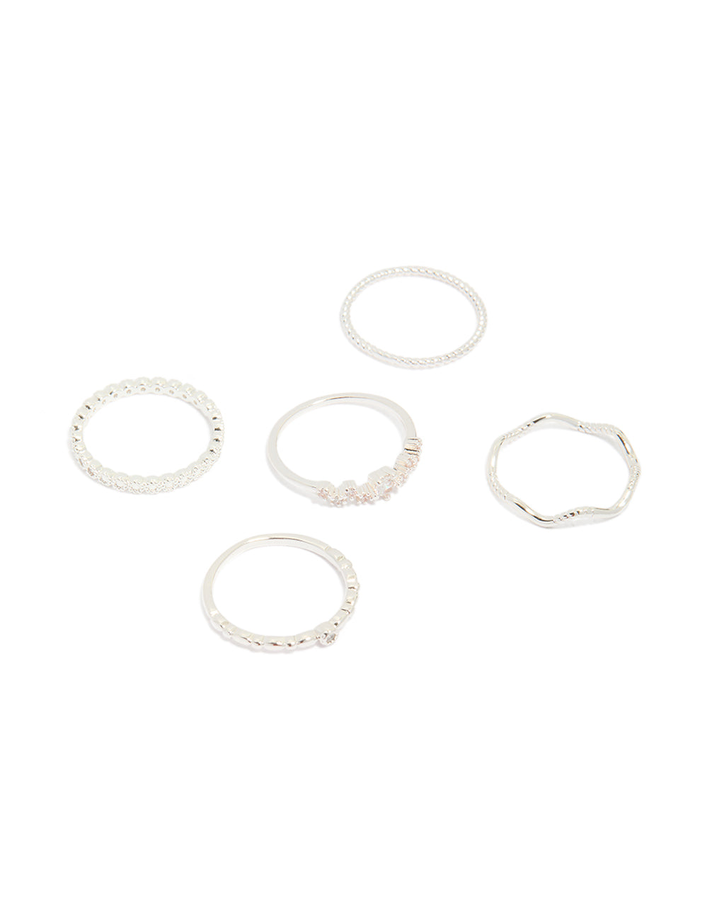 Showcasing silver plated squiggle rings 5-pack front view