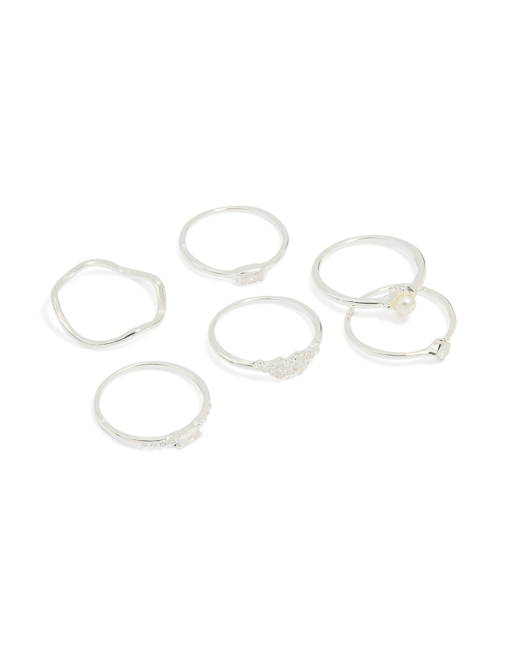 Silver Plated Cubic Zirconia & Pearl Cluster Rings 6-Pack