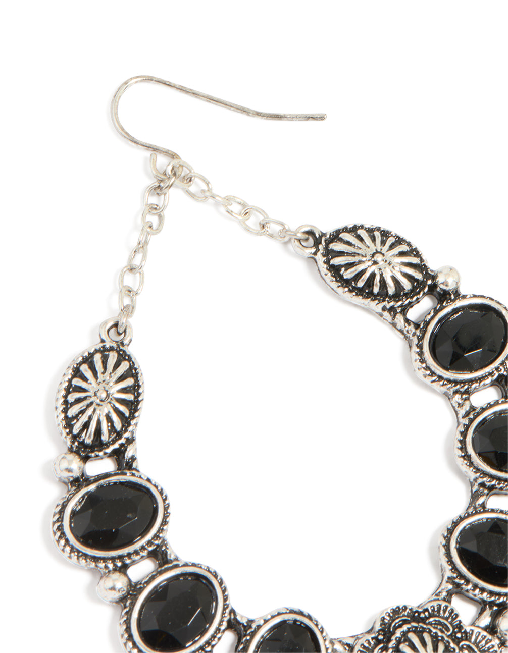 Antique Silver Textured Black Stone Oval Drop Earrings