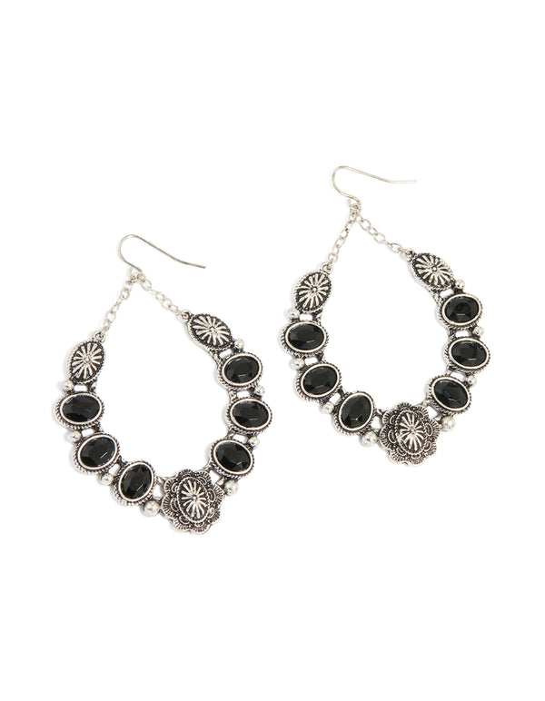 Antique Silver Textured Black Stone Oval Drop Earrings