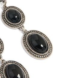Antique Silver Black Stone Textured Circle Drop Earrings - link has visual effect only