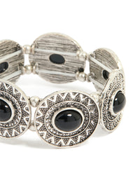 Antique Silver Black Stone Textured Large Stretch Bracelet - link has visual effect only