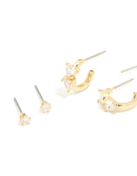 Gold Plated Cubic Zirconia Heart Stud & Huggie Earrings 4-Pack - link has visual effect only