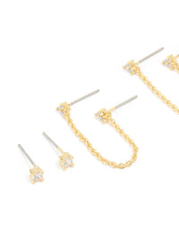 Gold Plated Cubic Zirconia Dainty Chain & Mixed Earrings 5-Pack - link has visual effect only