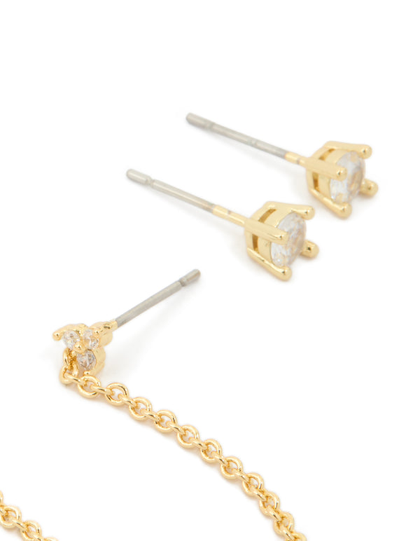 Gold Plated Round Cubic Zirconia Mixed Earrings 4-Pack