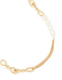 Gold Plated Freshwater Pearl & Twisted Link Chain Necklace - link has visual effect only