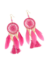 Gold Pink Feather Dreamcatcher Drop Earrings - link has visual effect only
