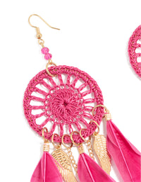 Gold Pink Feather Dreamcatcher Drop Earrings - link has visual effect only