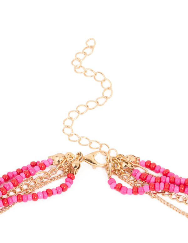 Gold Pink Beaded Layered Necklace