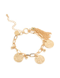 Gold Tassel & Textured Coin Charm Bracelet - link has visual effect only