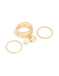 Gold Plated Pearl Heart Charm & Textured Rings 3-Pack - link has visual effect only