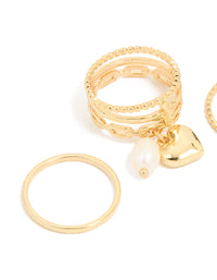 Gold Plated Pearl Heart Charm & Textured Rings 3-Pack - link has visual effect only