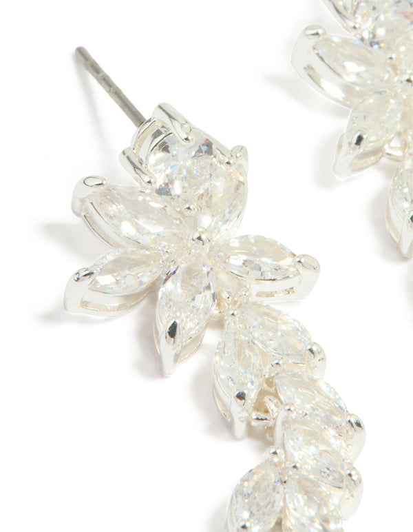 Silver Plated Cubic Zirconia Medium Flower Vine Drop Earrings